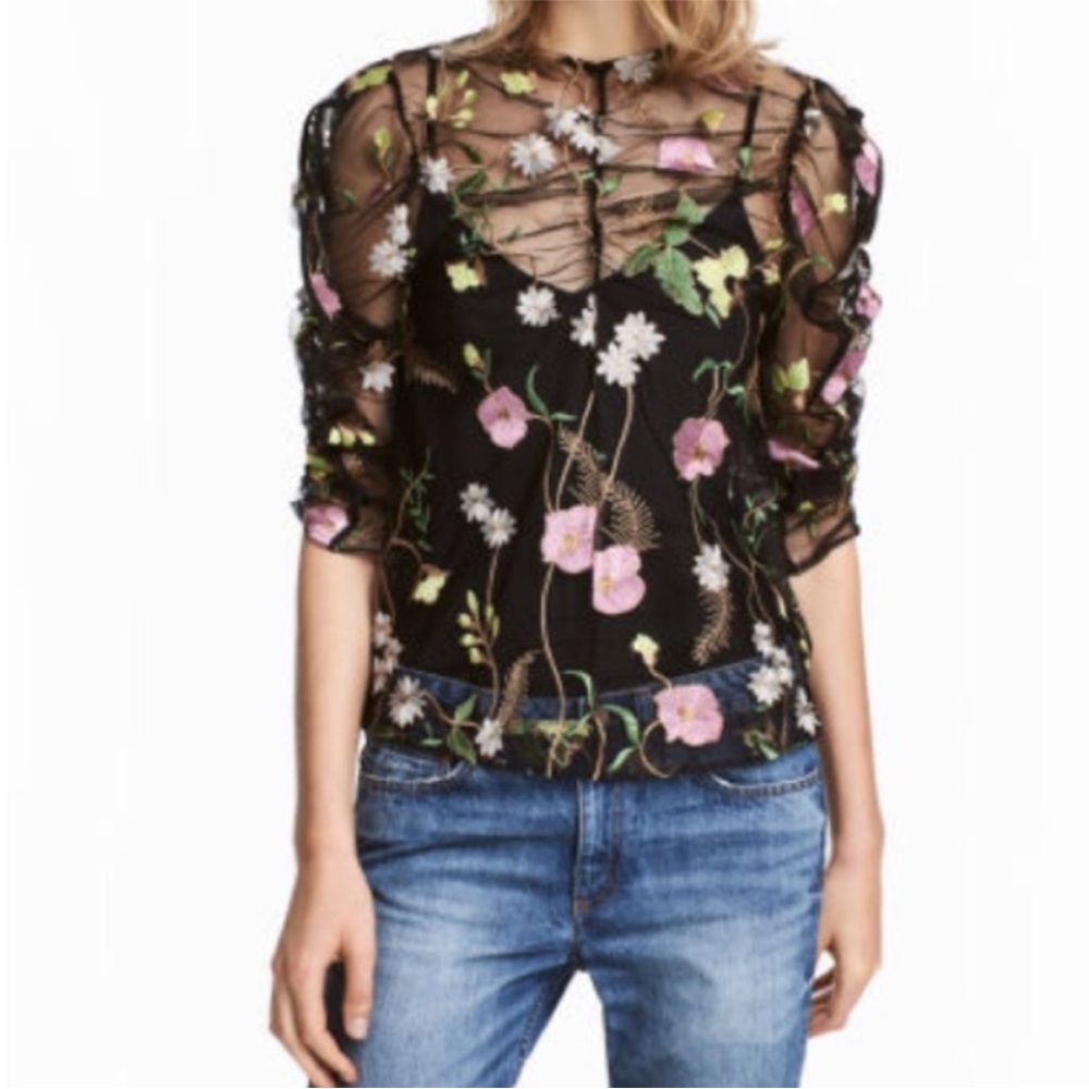H&M Women’s Black Sheer Mesh Ruched Top with Floral Embroidery Size 12